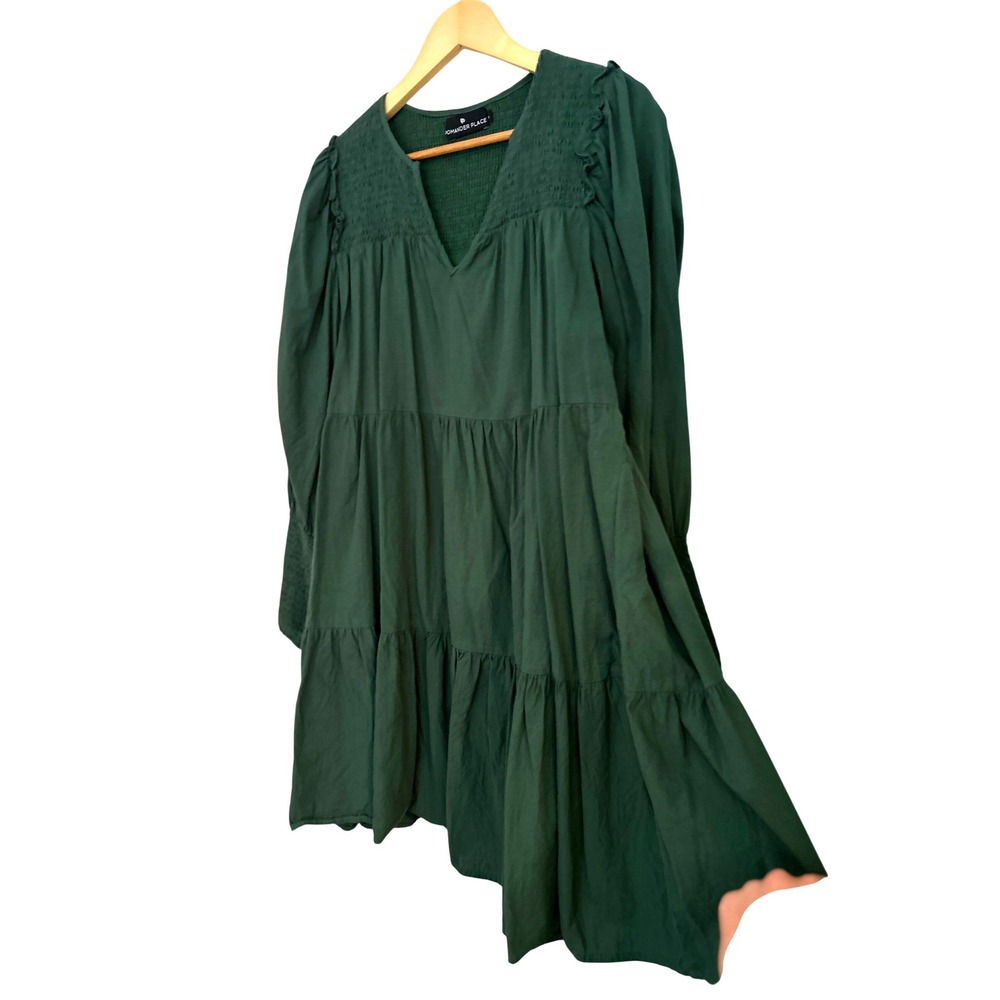 Pomander Place Womens Green Smocked Tiered Cotton Mini Dress Size Medium - Picture 7 of 9